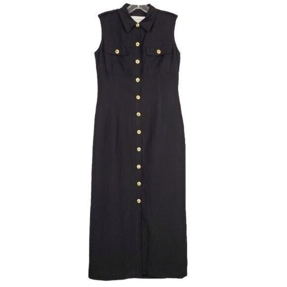 Evan Picone Womens Dress sz 4 Black sleeveless button down linen blend